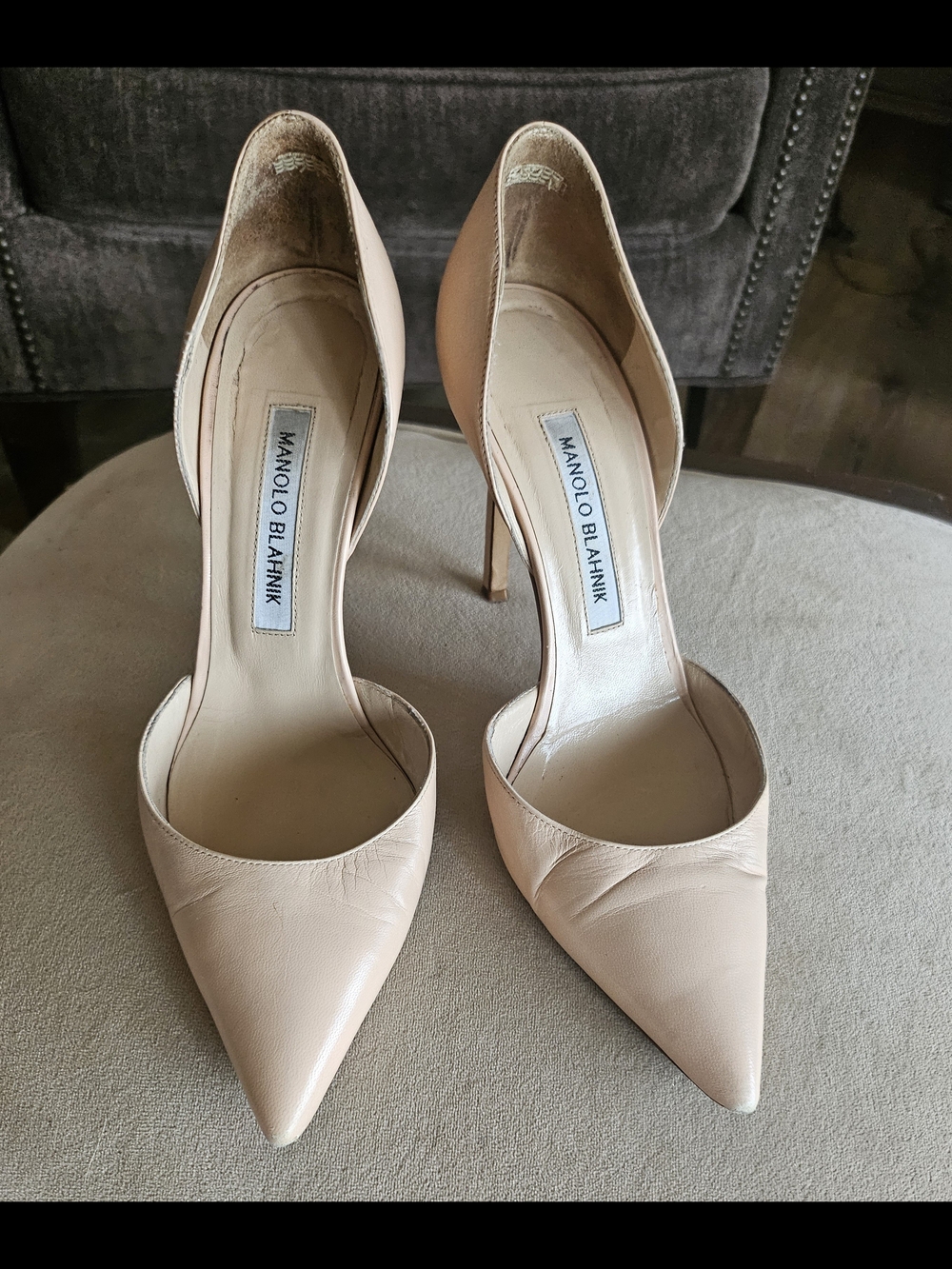 Manolo Blahnik Sought After Nude Leather Pointed-Toe D'Orsay Pumps
